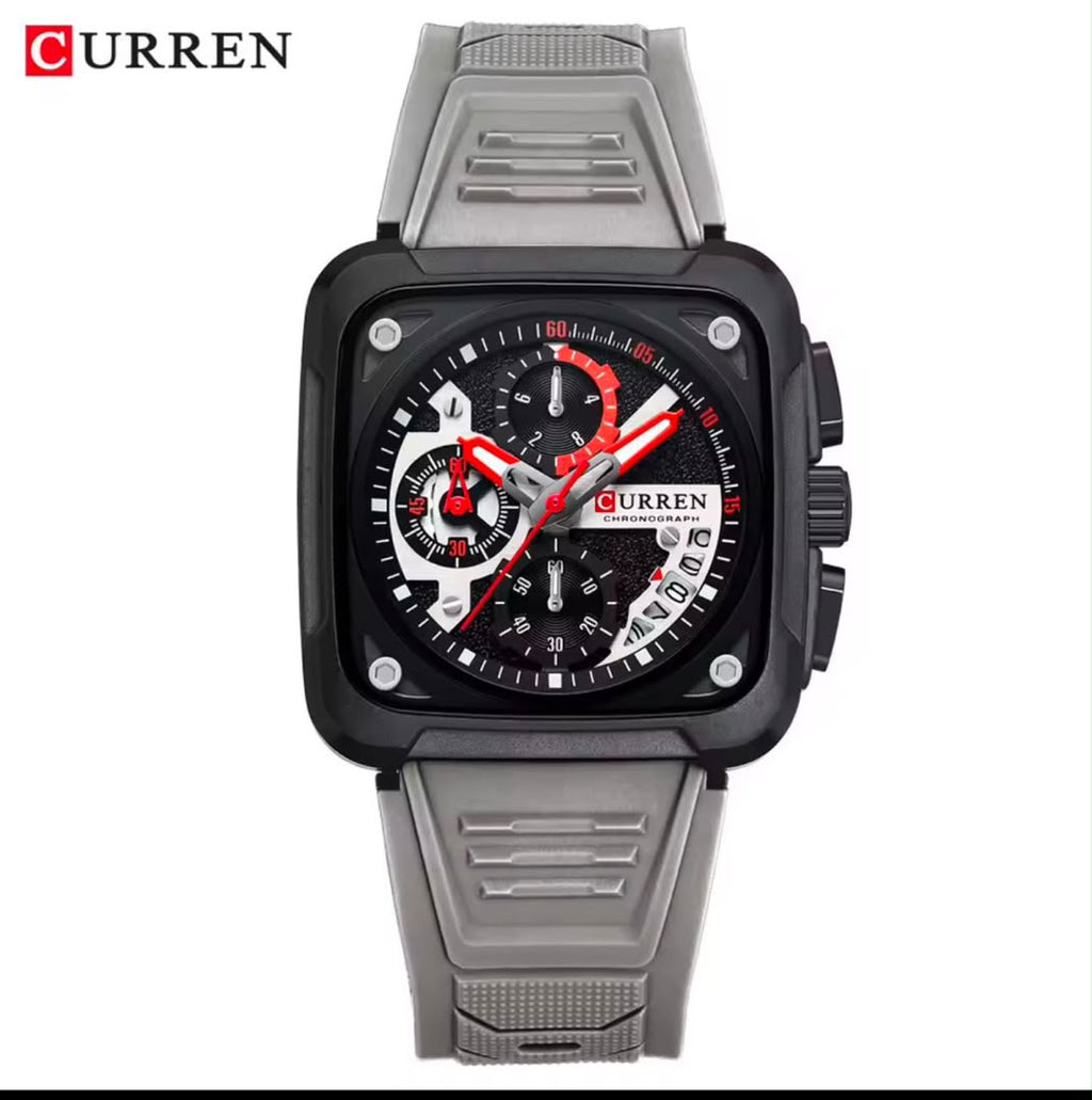 CURREN Square Chronograph Wristwatch — Multi-Dial Face, Silicone Strap