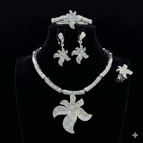 Silver Crystal Necklace, Earrings & Ring Set