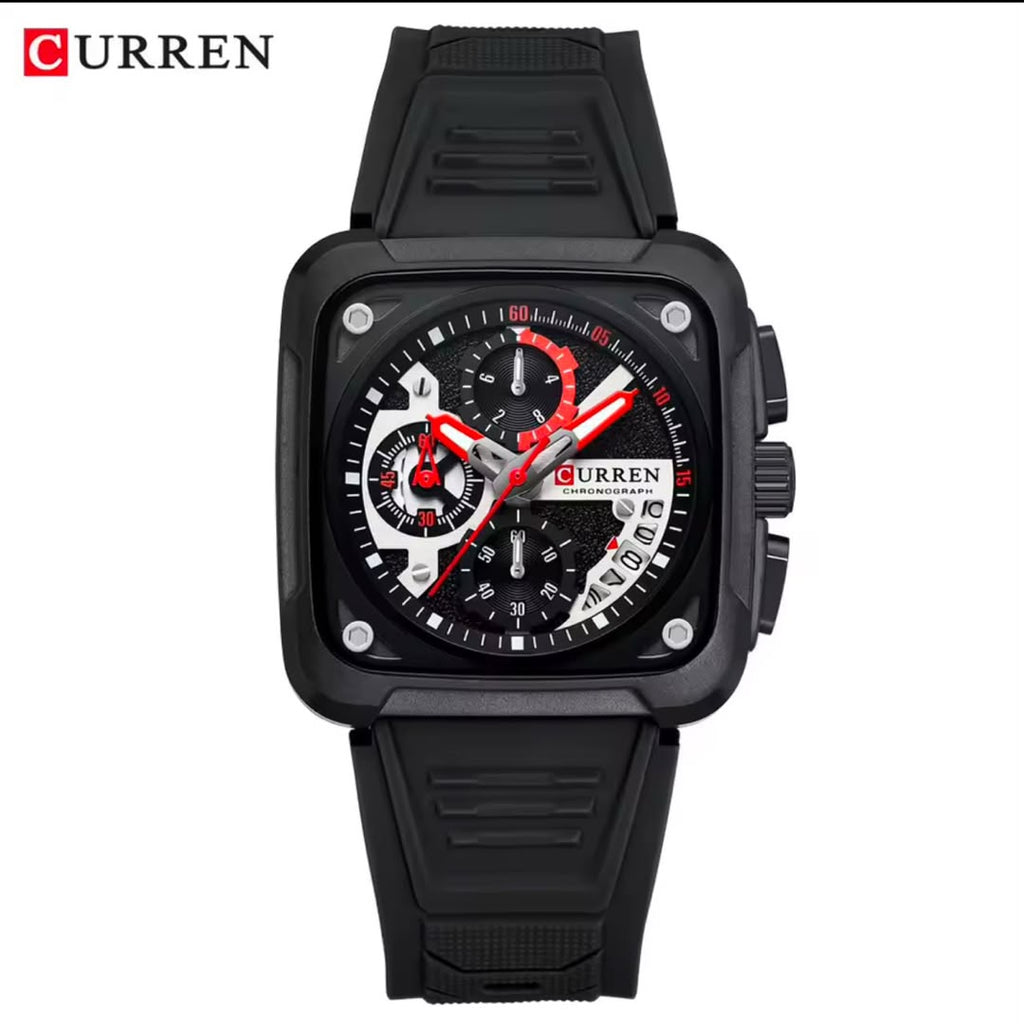 CURREN Square Chronograph Wristwatch — Multi-Dial Face, Silicone Strap