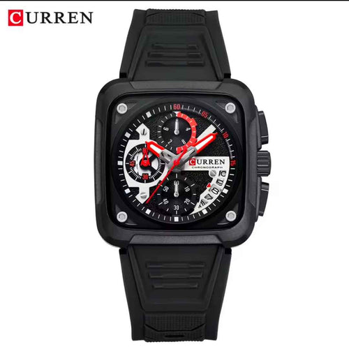 CURREN Square Chronograph Wristwatch — Multi-Dial Face, Black Silicone Strap
