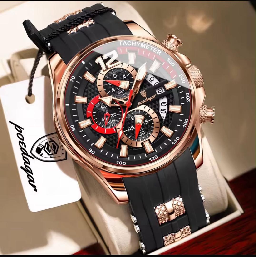 POEDAGAR Rose Gold Chronograph Wristwatch — Tachymeter Bezel & Silicone Strap