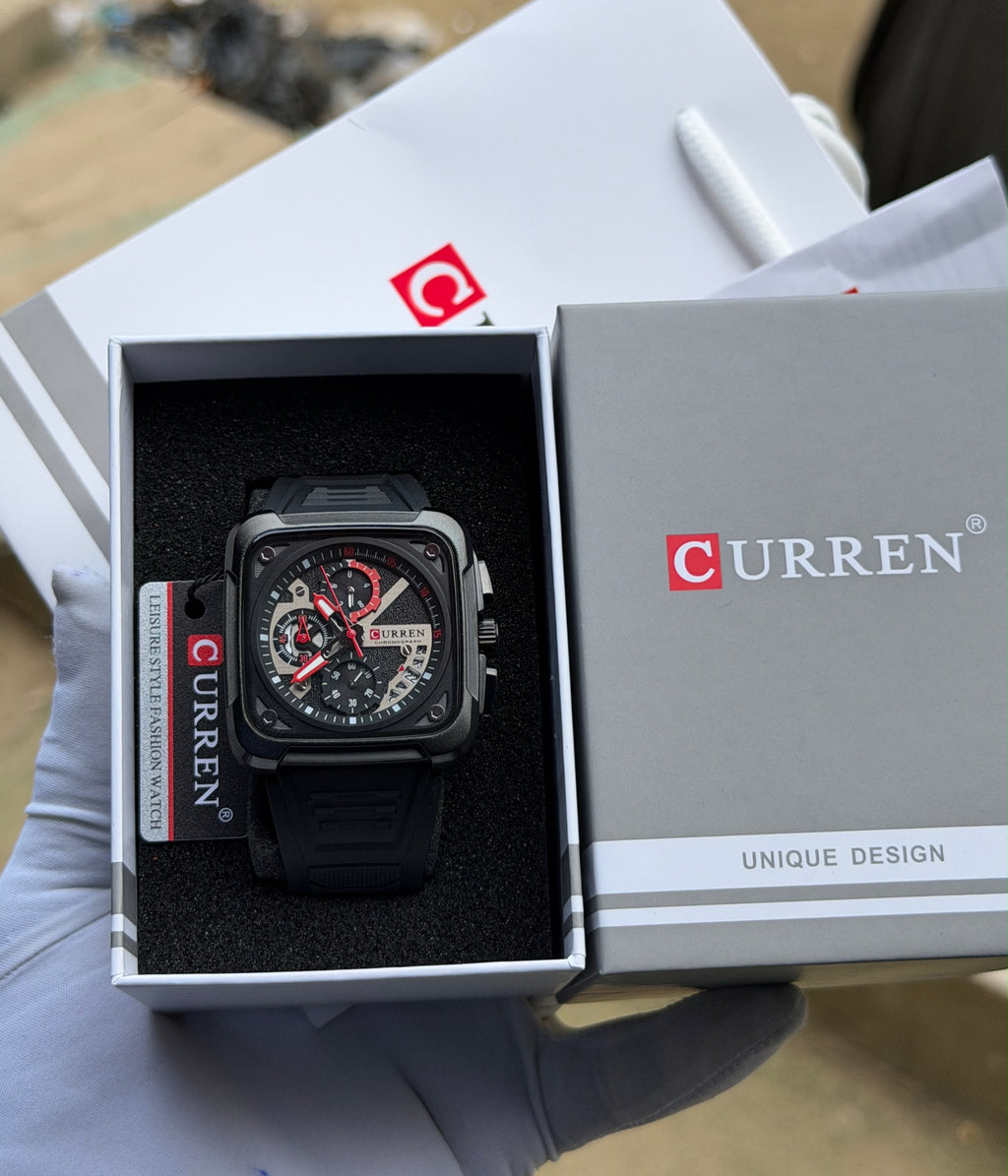 CURREN Square Chronograph Wristwatch — Multi-Dial Face, Silicone Strap