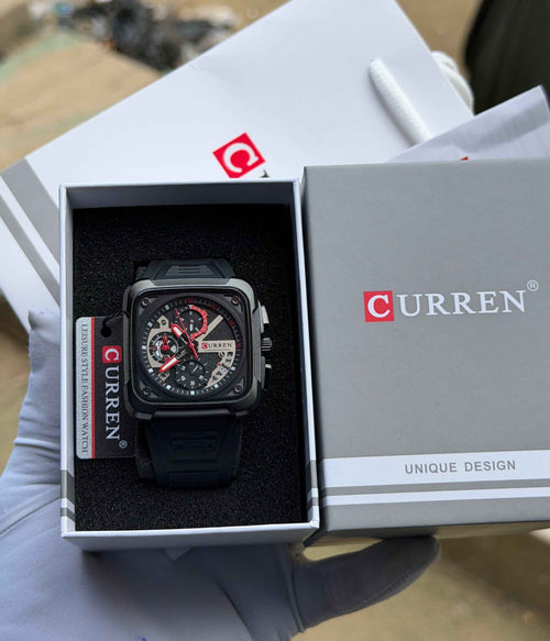 CURREN Square Chronograph Wristwatch — Multi-Dial Face, Black Silicone Strap