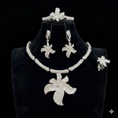 Silver Crystal Necklace, Earrings & Ring Set