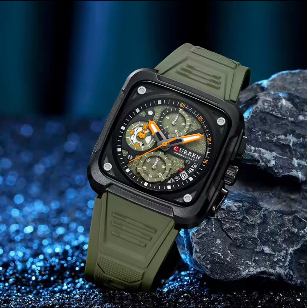 CURREN Square Chronograph Wristwatch — Multi-Dial Face, Silicone Strap