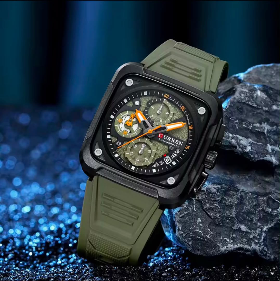 CURREN Square Chronograph Wristwatch — Multi-Dial Face, Silicone Strap