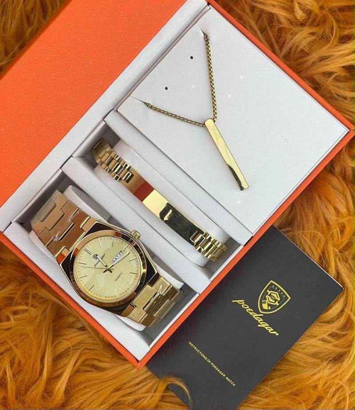 POEDAGAR Gold Watch Gift Set — Watch, Matching Bracelet & Pendant Necklace, Boxed