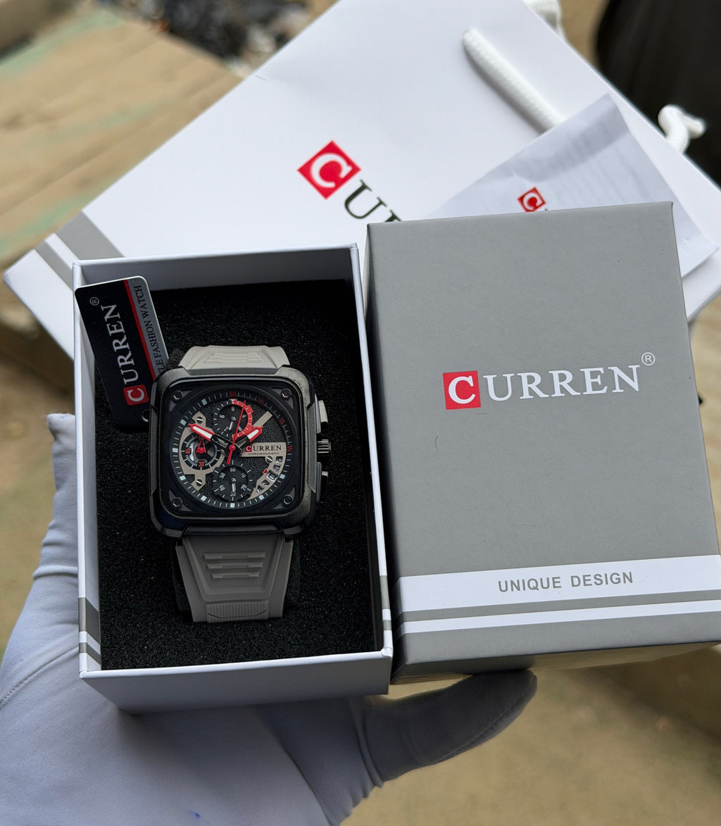 CURREN Square Chronograph Wristwatch — Multi-Dial Face, Silicone Strap