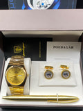 POEDAGAR Gold Gift Set — Quartz Watch, Skeleton-Dial Cufflinks & Pen, Boxed