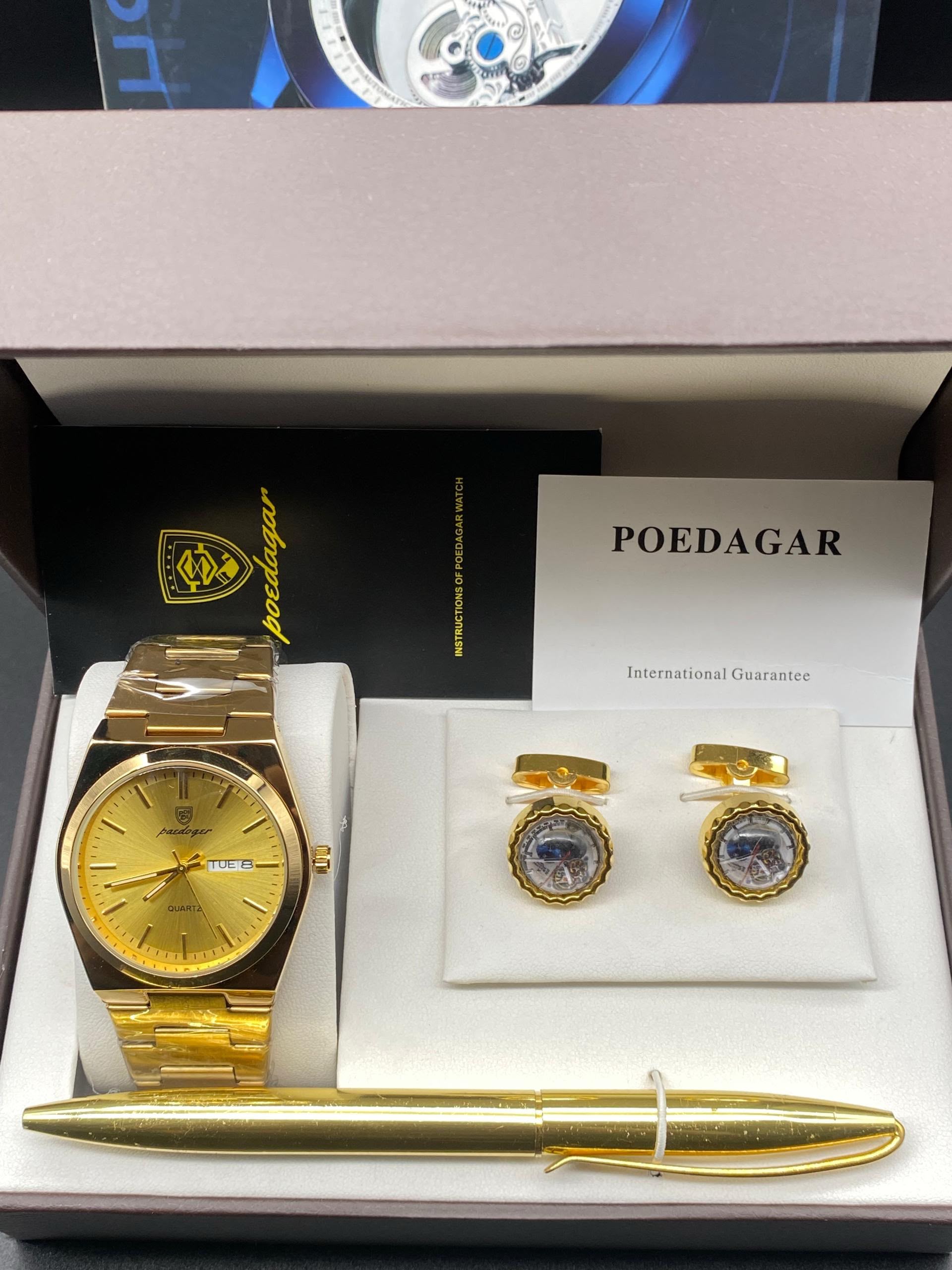 POEDAGAR Gold Gift Set — Quartz Watch, Skeleton-Dial Cufflinks & Pen, Boxed